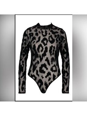 NWT Boohoo Leopard Flocked High Neck Bodysuit Size 6